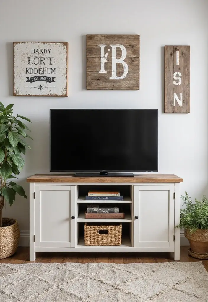 26 Farmhouse TV Stand Decor Ideas to Elevate Your Living Room 12 26 Farmhouse TV Stand Decor Ideas to Elevate Your Living Room - 12. Rustic Wall Art