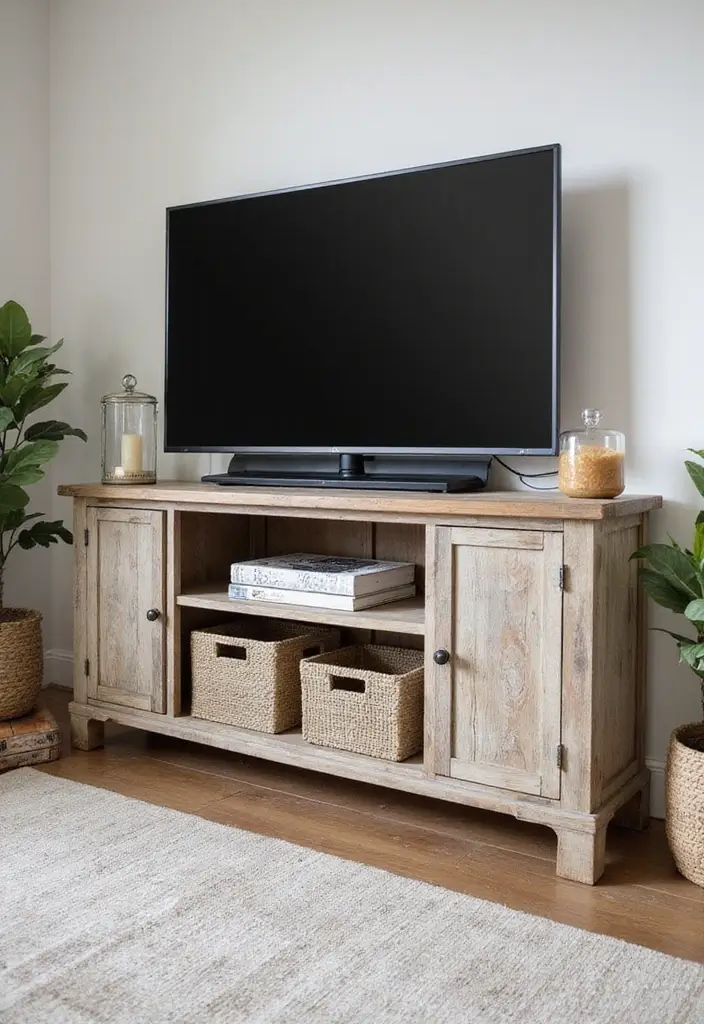 26 Farmhouse TV Stand Decor Ideas to Elevate Your Living Room 13 26 Farmhouse TV Stand Decor Ideas to Elevate Your Living Room - 13. Stylish Media Storage