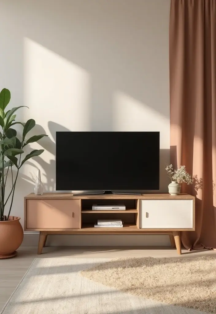 26 Farmhouse TV Stand Decor Ideas to Elevate Your Living Room 15 26 Farmhouse TV Stand Decor Ideas to Elevate Your Living Room - 15. Color Coordination