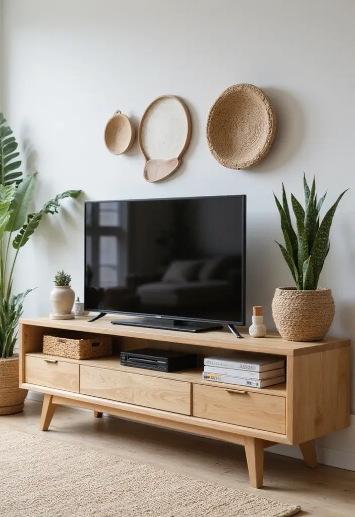 26 Farmhouse TV Stand Decor Ideas to Elevate Your Living Room 17 26 Farmhouse TV Stand Decor Ideas to Elevate Your Living Room - 17. Eco-Friendly Decor