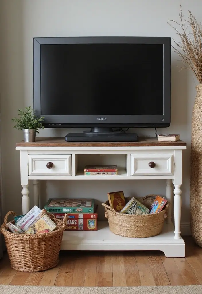 26 Farmhouse TV Stand Decor Ideas to Elevate Your Living Room 18 26 Farmhouse TV Stand Decor Ideas to Elevate Your Living Room - 18. Family Game Corner