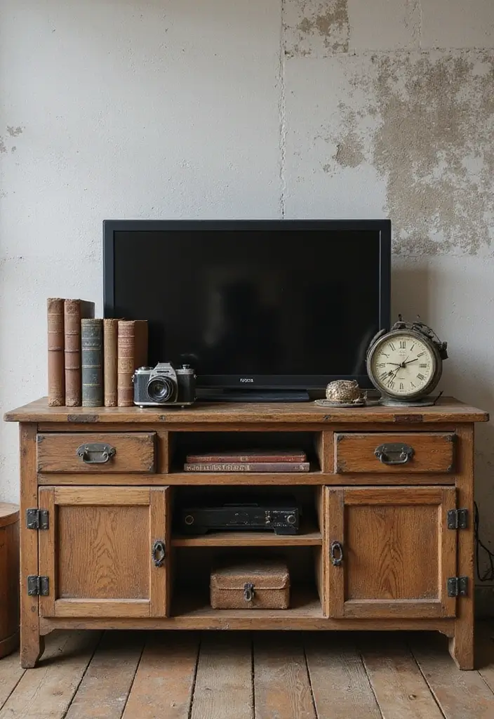 26 Farmhouse TV Stand Decor Ideas to Elevate Your Living Room 2 26 Farmhouse TV Stand Decor Ideas to Elevate Your Living Room - 2. Vintage Finds