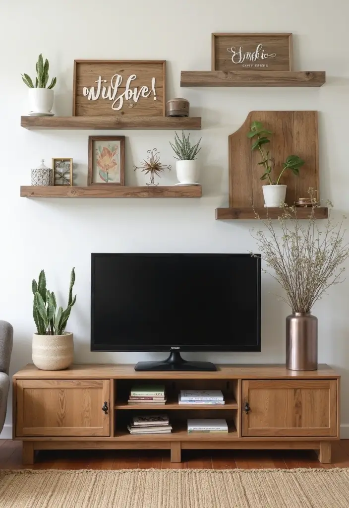 26 Farmhouse TV Stand Decor Ideas to Elevate Your Living Room 20 26 Farmhouse TV Stand Decor Ideas to Elevate Your Living Room - 20. Rustic DIY Projects