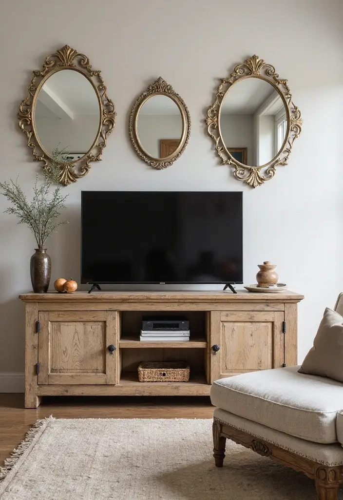 26 Farmhouse TV Stand Decor Ideas to Elevate Your Living Room 21 26 Farmhouse TV Stand Decor Ideas to Elevate Your Living Room - 21. Vintage Mirror Accents