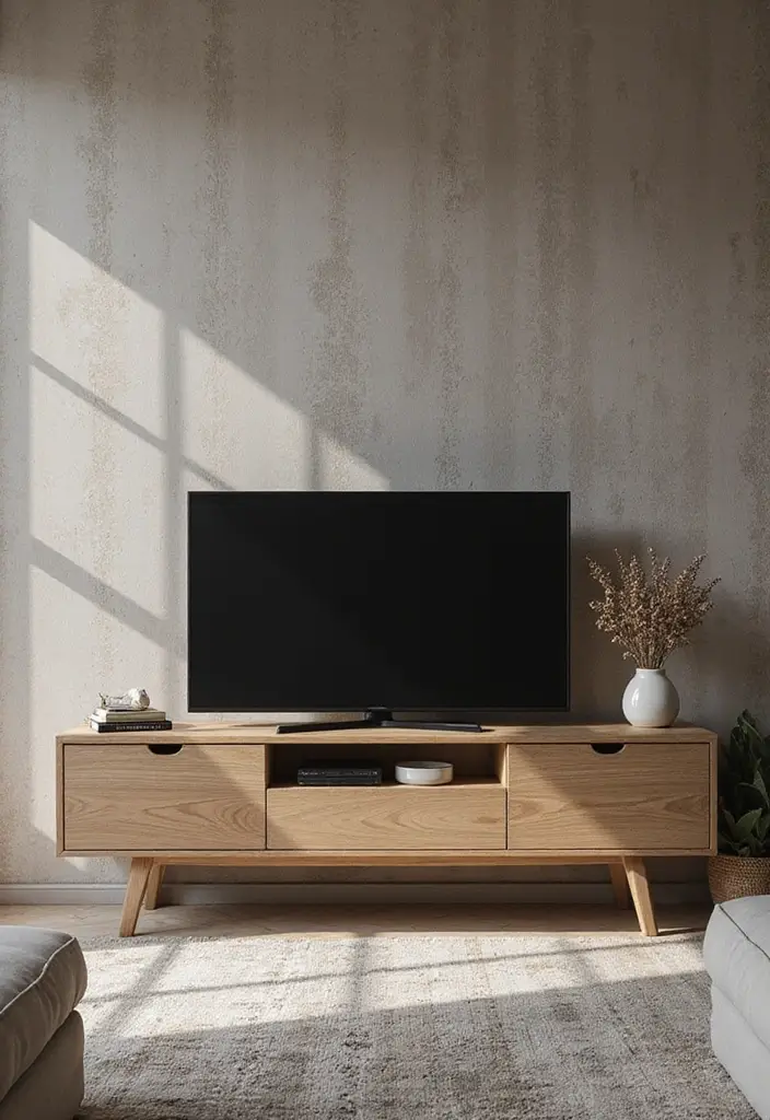 26 Farmhouse TV Stand Decor Ideas to Elevate Your Living Room 23 26 Farmhouse TV Stand Decor Ideas to Elevate Your Living Room - 23. Textured Wallpaper Backdrop