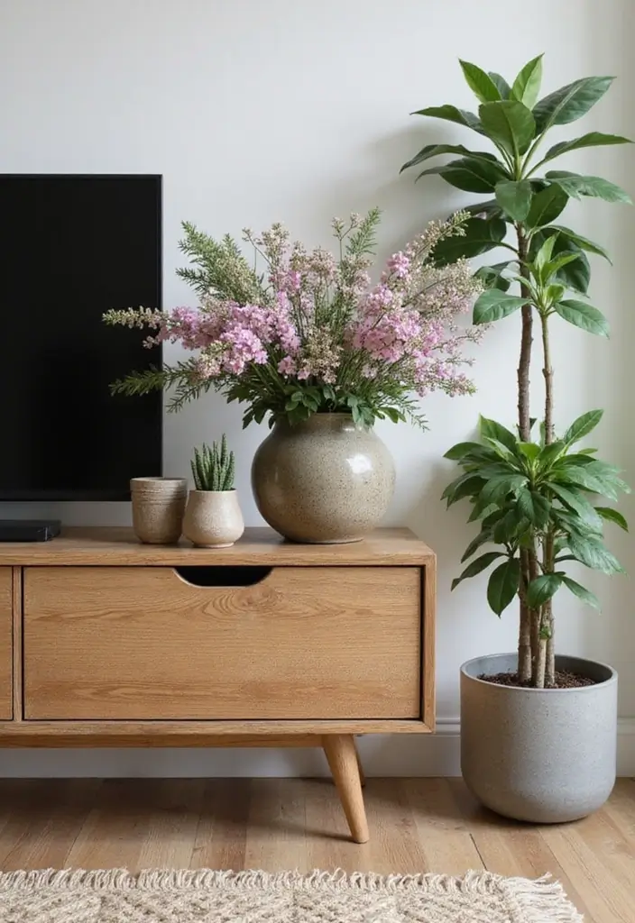 26 Farmhouse TV Stand Decor Ideas to Elevate Your Living Room 3 26 Farmhouse TV Stand Decor Ideas to Elevate Your Living Room - 3. Natural Elements