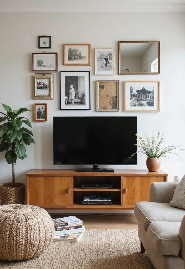 26 Farmhouse TV Stand Decor Ideas to Elevate Your Living Room 4 26 Farmhouse TV Stand Decor Ideas to Elevate Your Living Room - 4. Gallery Wall Backdrop