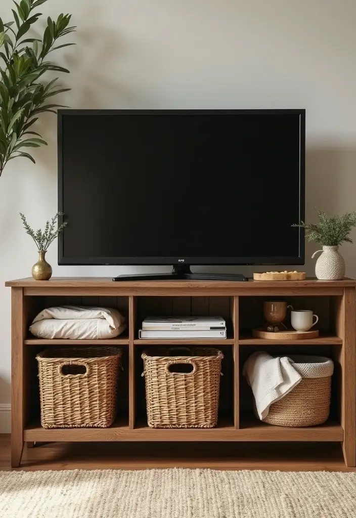26 Farmhouse TV Stand Decor Ideas to Elevate Your Living Room 5 26 Farmhouse TV Stand Decor Ideas to Elevate Your Living Room - 5. Rustic Baskets for Storage