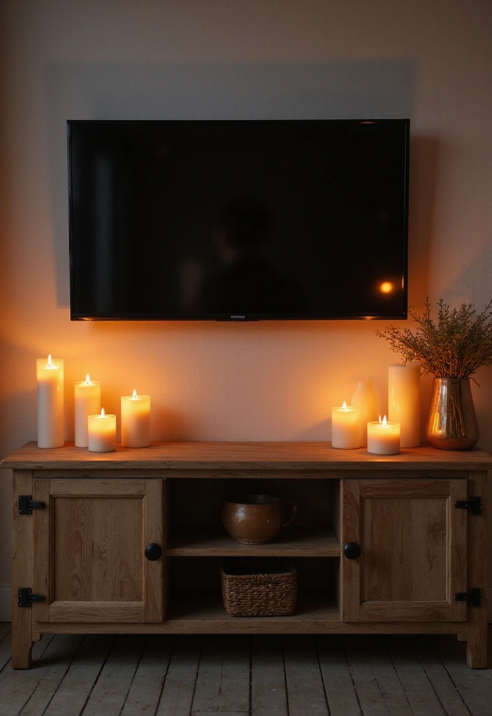 26 Farmhouse TV Stand Decor Ideas to Elevate Your Living Room 6 26 Farmhouse TV Stand Decor Ideas to Elevate Your Living Room - 6. Cozy Candle Displays