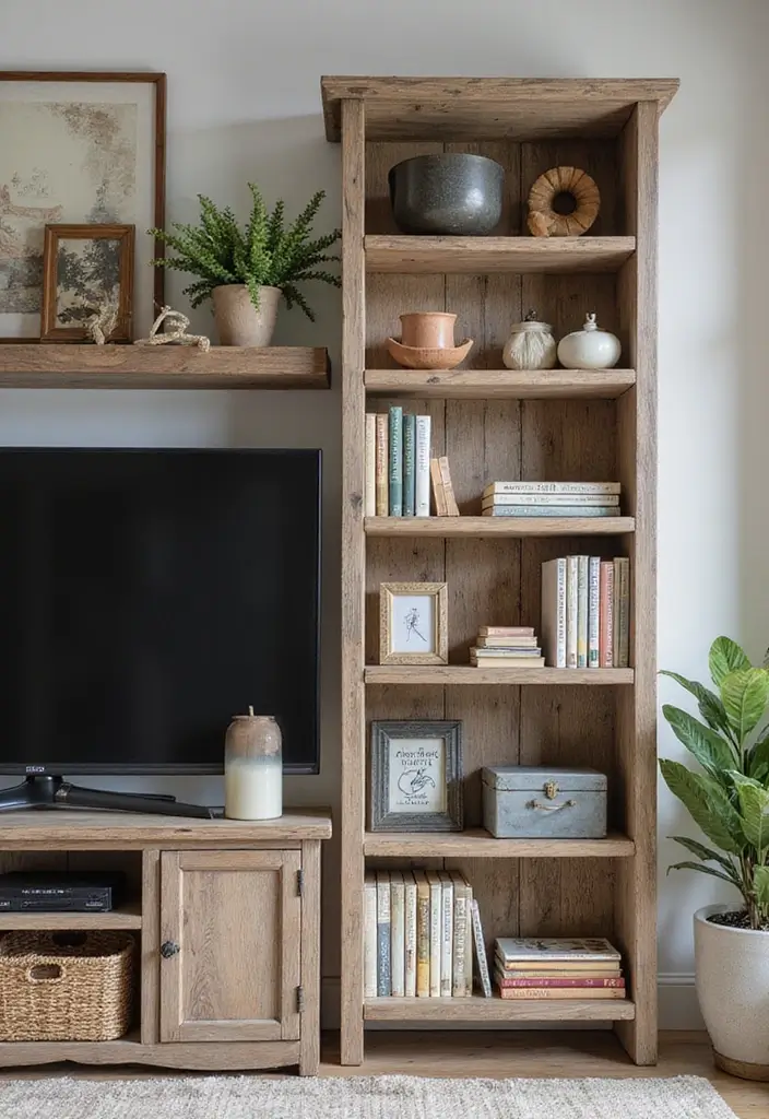 26 Farmhouse TV Stand Decor Ideas to Elevate Your Living Room 7 26 Farmhouse TV Stand Decor Ideas to Elevate Your Living Room - 7. Farmhouse Style Bookshelf