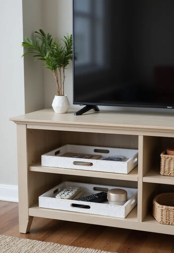 26 Farmhouse TV Stand Decor Ideas to Elevate Your Living Room 8 26 Farmhouse TV Stand Decor Ideas to Elevate Your Living Room - 8. Decorative Trays