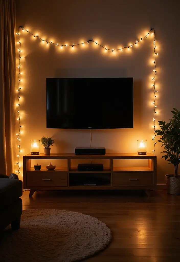 26 Farmhouse TV Stand Decor Ideas to Elevate Your Living Room 9 26 Farmhouse TV Stand Decor Ideas to Elevate Your Living Room - 9. Soft Lighting Solutions