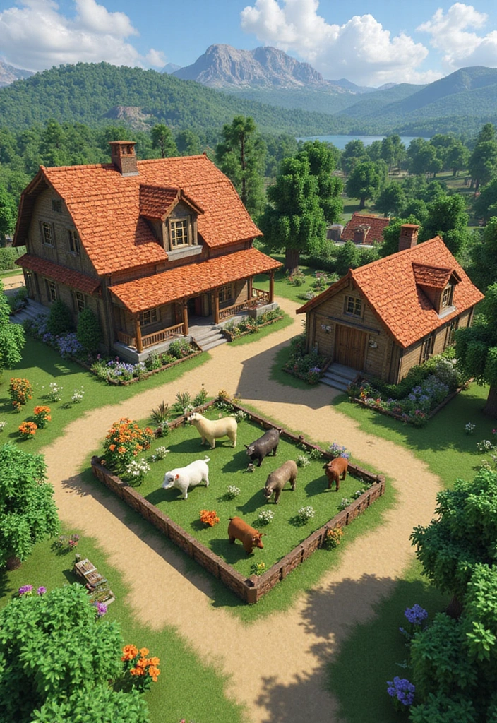 26 Minecraft Farmhouse Builds That Look Incredible - 14. Farmhouse with Farm Animals