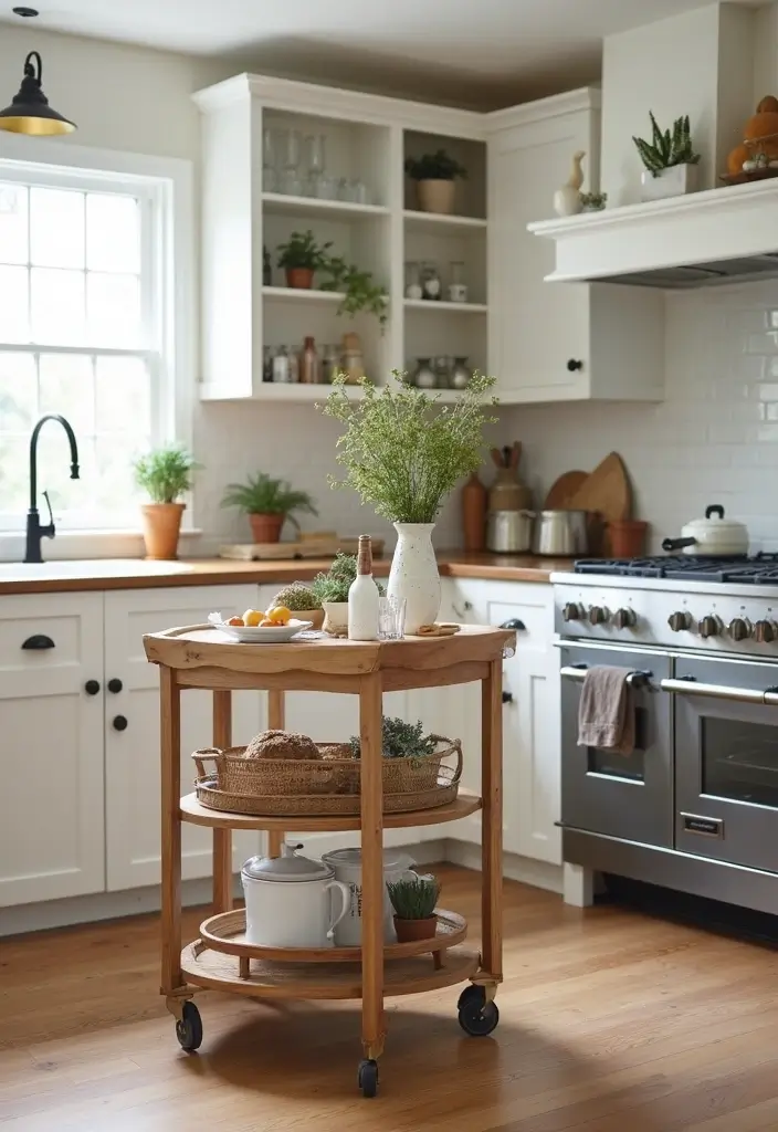 26 Small Farmhouse Kitchen Inspirations That Maximize Space 26 26 Small Farmhouse Kitchen Inspirations That Maximize Space - 26. Use a Rolling Cart for Additional Utility