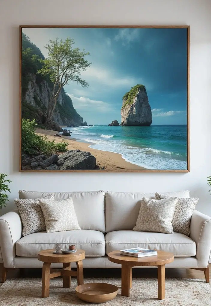27 Coastal Farmhouse Living Room Looks with Breezy Style - 14. Statement Artwork