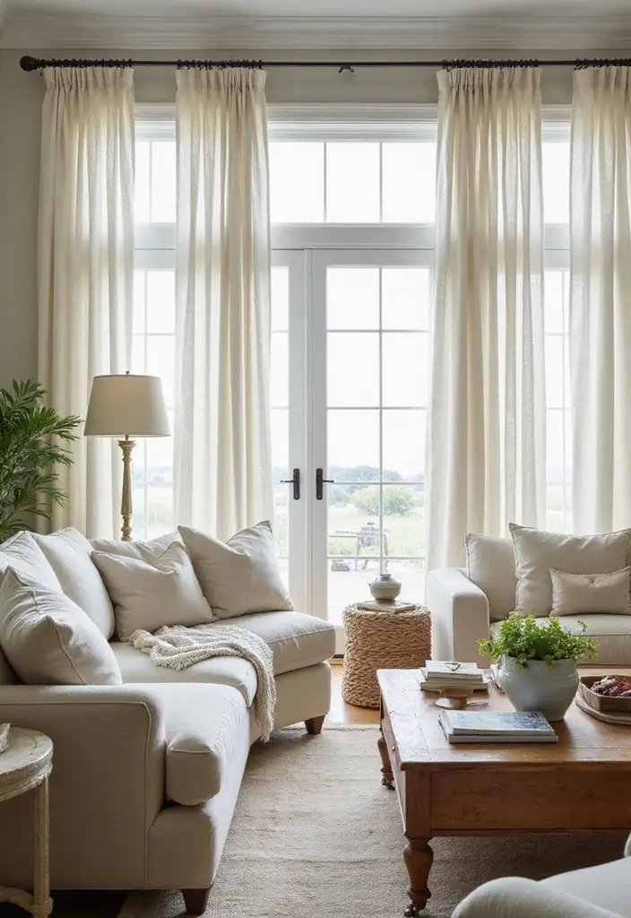 27 Coastal Farmhouse Living Room Looks with Breezy Style - 16. Window Treatments