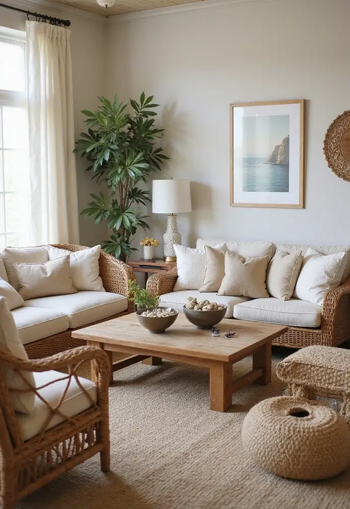27 Coastal Farmhouse Living Room Looks with Breezy Style - 19. Natural Elements