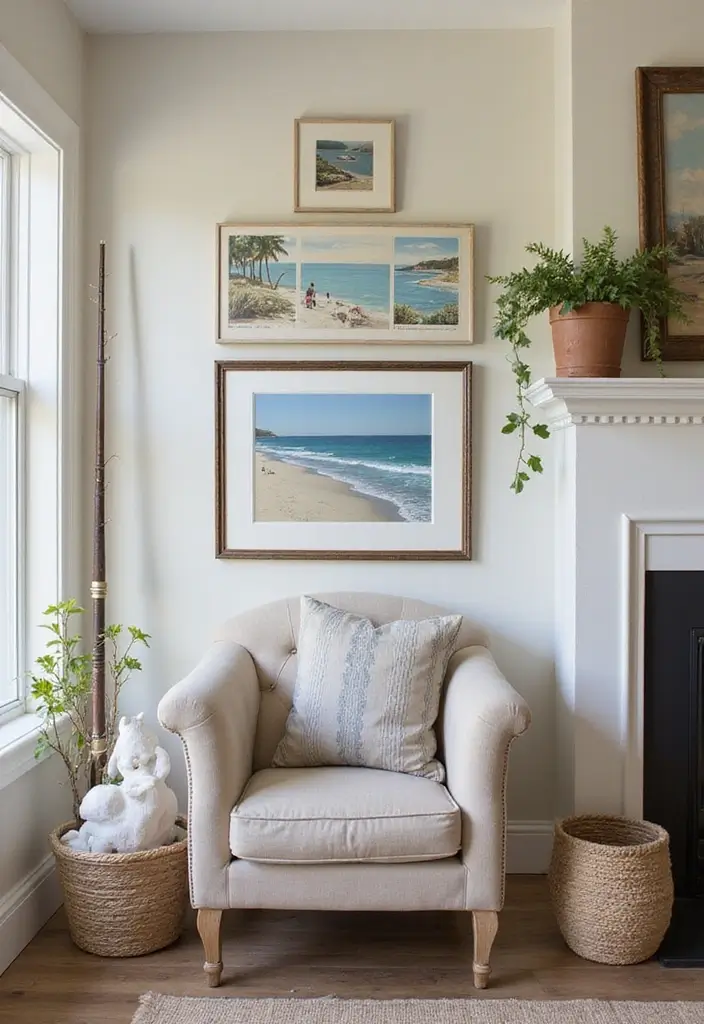 27 Coastal Farmhouse Living Room Looks with Breezy Style - 2. Vintage Beach Finds