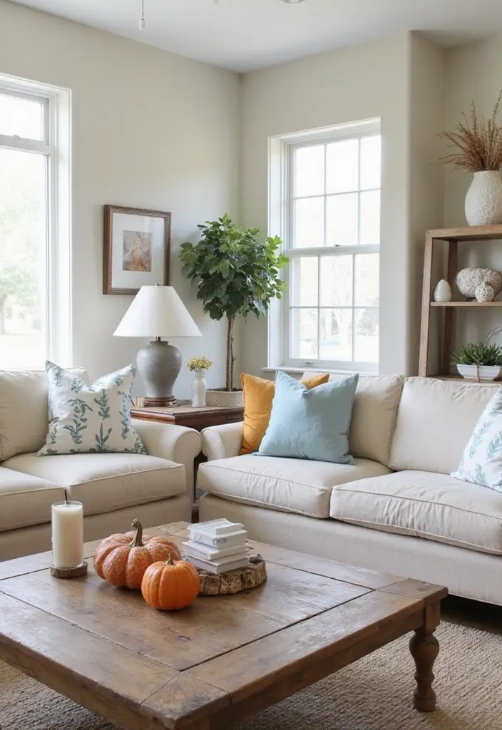 27 Coastal Farmhouse Living Room Looks with Breezy Style - 22. Seasonal Decor Changes