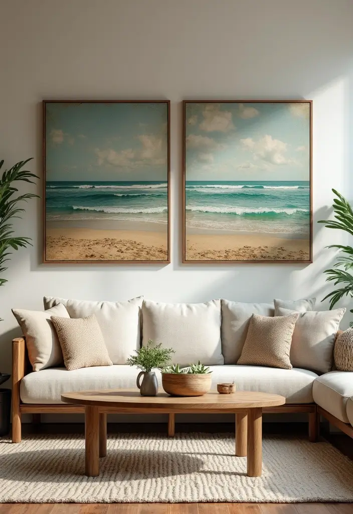 27 Coastal Farmhouse Living Room Looks with Breezy Style - 24. Vintage Beach Art