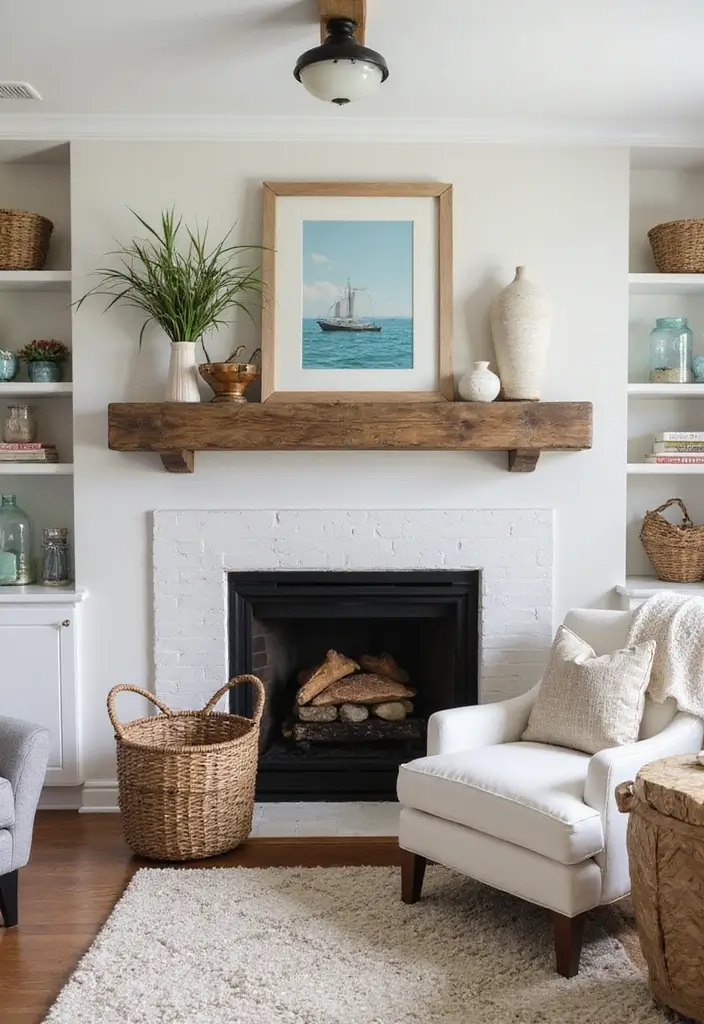 27 Coastal Farmhouse Living Room Looks with Breezy Style - 25. Cozy Fireplaces