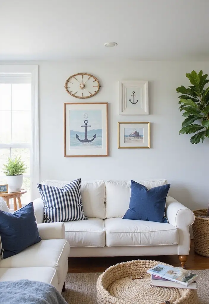 27 Coastal Farmhouse Living Room Looks with Breezy Style - 3. Nautical Accents