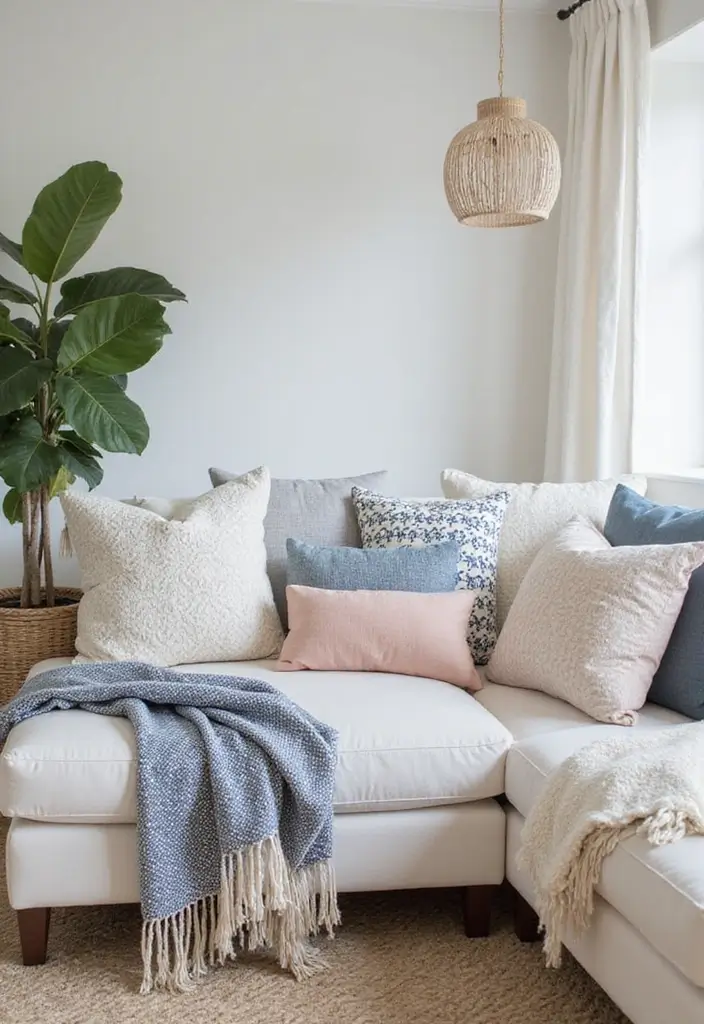 27 Coastal Farmhouse Living Room Looks with Breezy Style - 5. Coastal Textiles