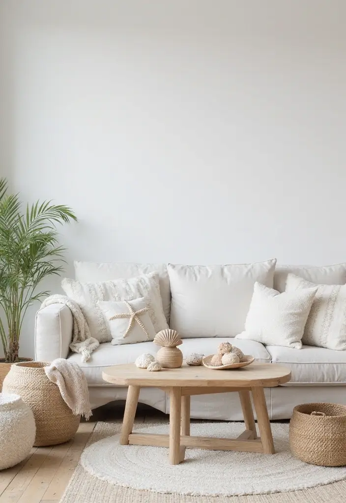 27 Coastal Farmhouse Living Room Looks with Breezy Style - 6. Beachy Decor Accents