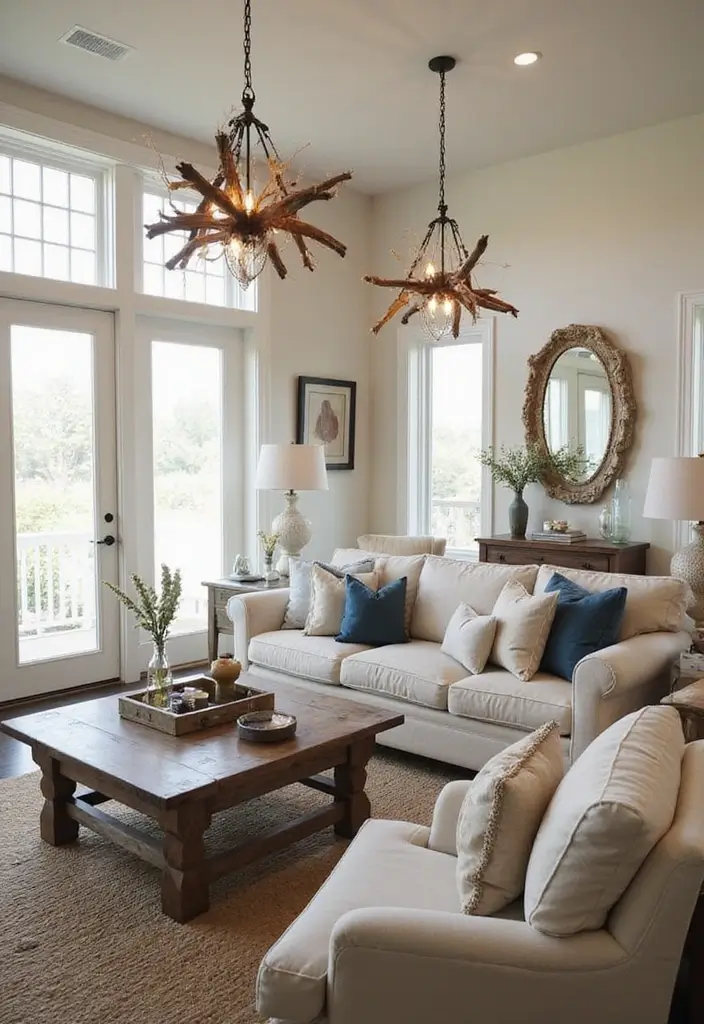 27 Coastal Farmhouse Living Room Looks with Breezy Style - 7. Statement Lighting