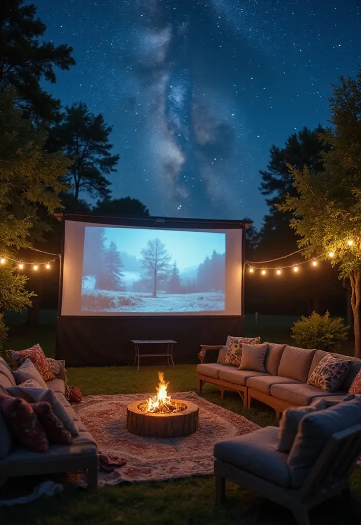 27 Farmhouse Backyard Inspirations That Feel Relaxed and Inviting 16 27 Farmhouse Backyard Inspirations That Feel Relaxed and Inviting - 16. Outdoor Movie Nights