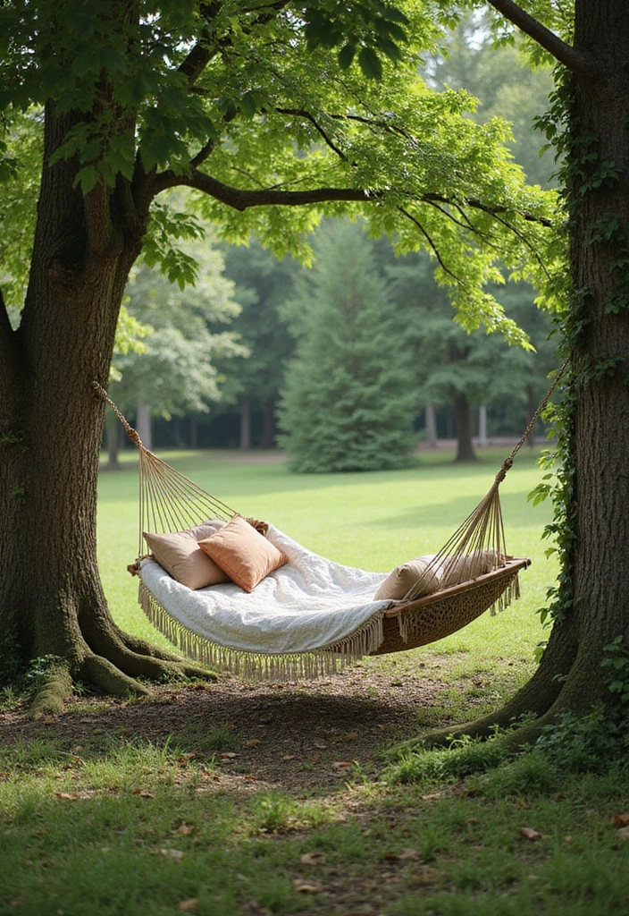 27 Farmhouse Backyard Inspirations That Feel Relaxed and Inviting 18 27 Farmhouse Backyard Inspirations That Feel Relaxed and Inviting - 18. Relaxing Hammocks