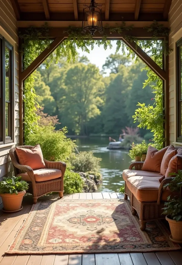 27 Farmhouse Backyard Inspirations That Feel Relaxed and Inviting 21 27 Farmhouse Backyard Inspirations That Feel Relaxed and Inviting - 21. Inviting Outdoor Rugs