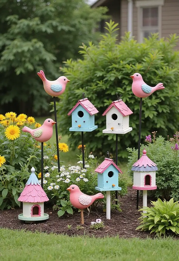 27 Farmhouse Backyard Inspirations That Feel Relaxed and Inviting 8 27 Farmhouse Backyard Inspirations That Feel Relaxed and Inviting - 8. Whimsical Garden Accessories