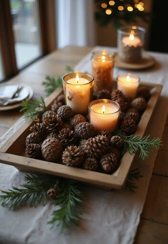 27 Farmhouse Christmas Decor Ideas That Feel Cozy and Magical 1 27 Farmhouse Christmas Decor Ideas That Feel Cozy and Magical - 1. Rustic Centerpiece with Pinecones and Candles