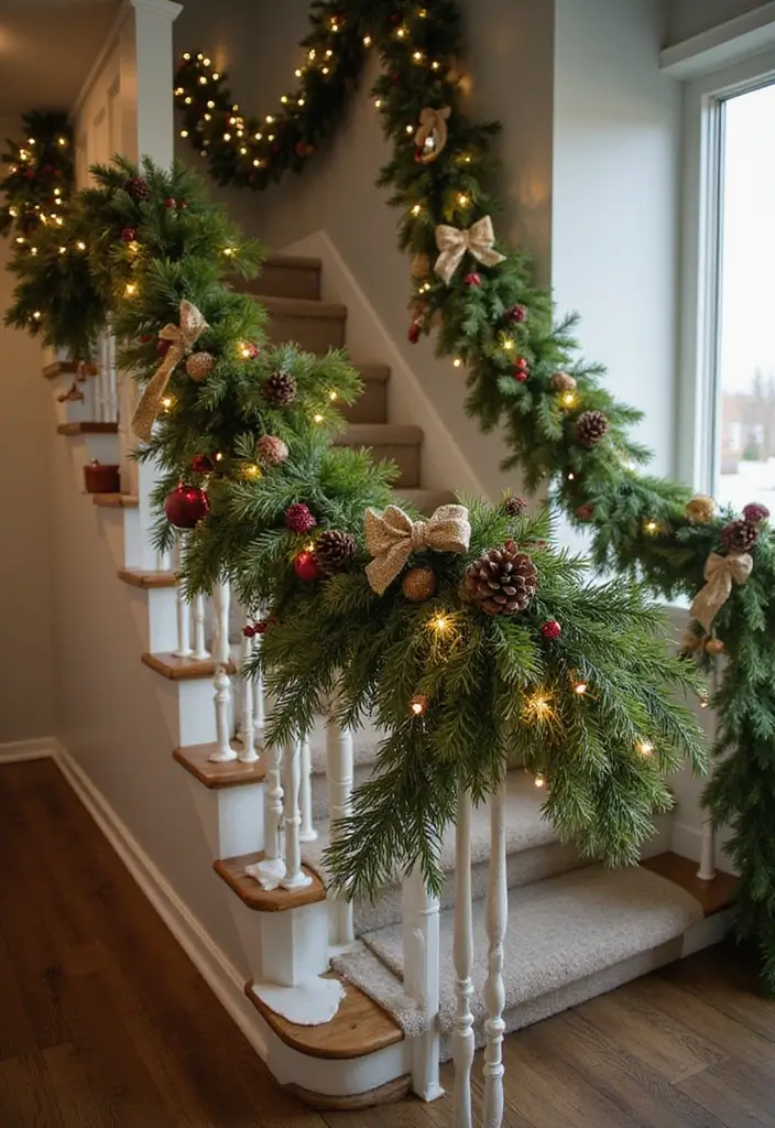 27 Farmhouse Christmas Decor Ideas That Feel Cozy and Magical 10 27 Farmhouse Christmas Decor Ideas That Feel Cozy and Magical - 10. Garland on the Staircase