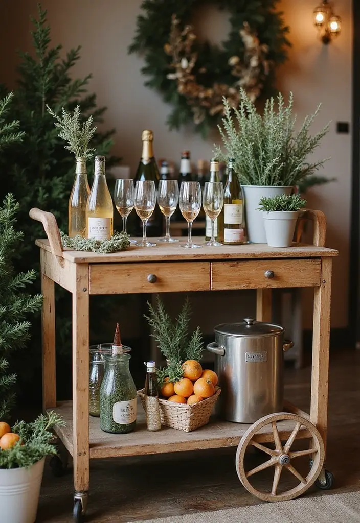 27 Farmhouse Christmas Decor Ideas That Feel Cozy and Magical 22 27 Farmhouse Christmas Decor Ideas That Feel Cozy and Magical - 22. Rustic Champagne Bar