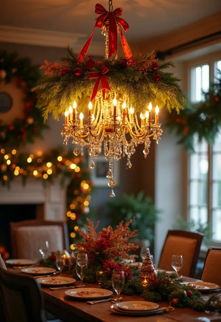 27 Farmhouse Christmas Decor Ideas That Feel Cozy and Magical 26 27 Farmhouse Christmas Decor Ideas That Feel Cozy and Magical - 26. Trimmed Chandelier