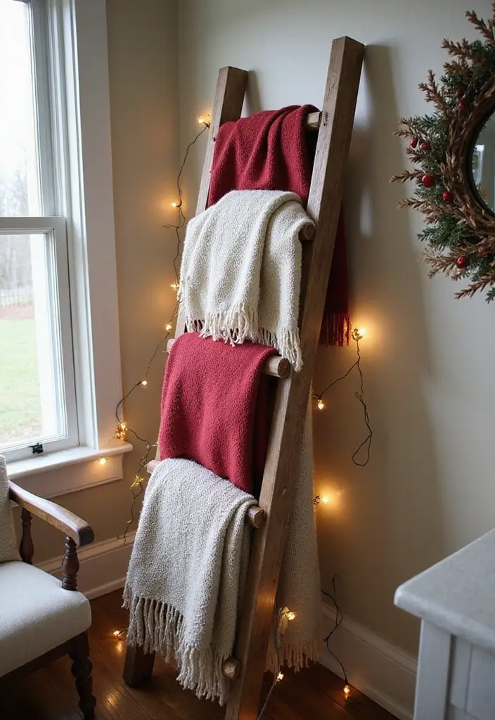27 Farmhouse Christmas Decor Ideas That Feel Cozy and Magical 3 27 Farmhouse Christmas Decor Ideas That Feel Cozy and Magical - 3. Cozy Blanket Ladder