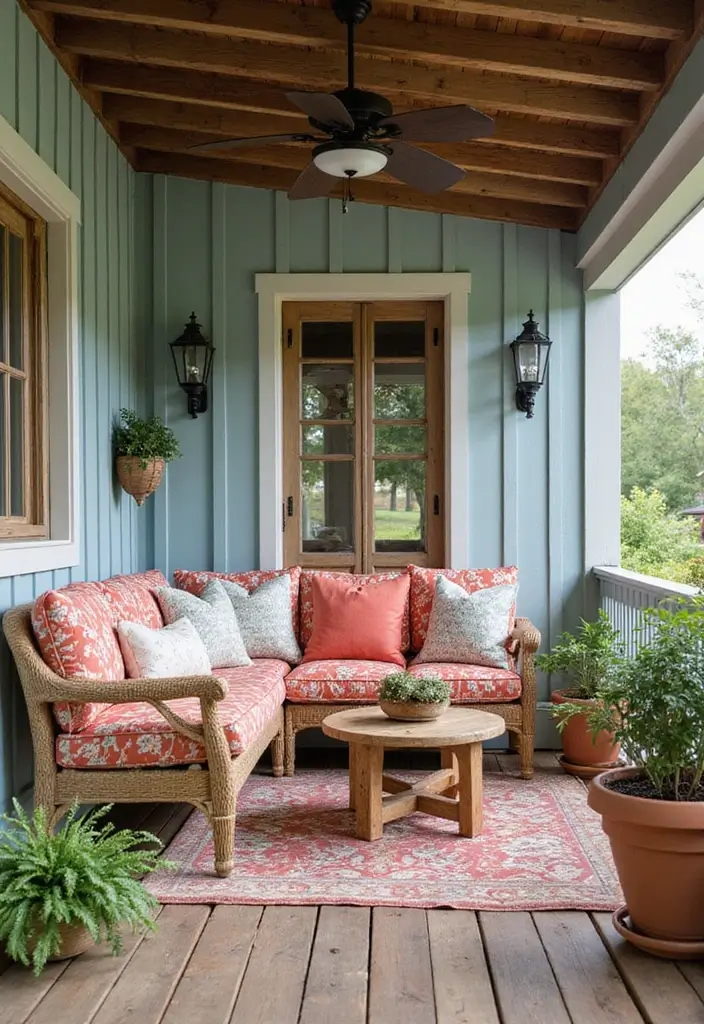 27 Farmhouse Front Porch Ideas for Inviting Curb Appeal - 15. Outdoor Cushions and Pillows