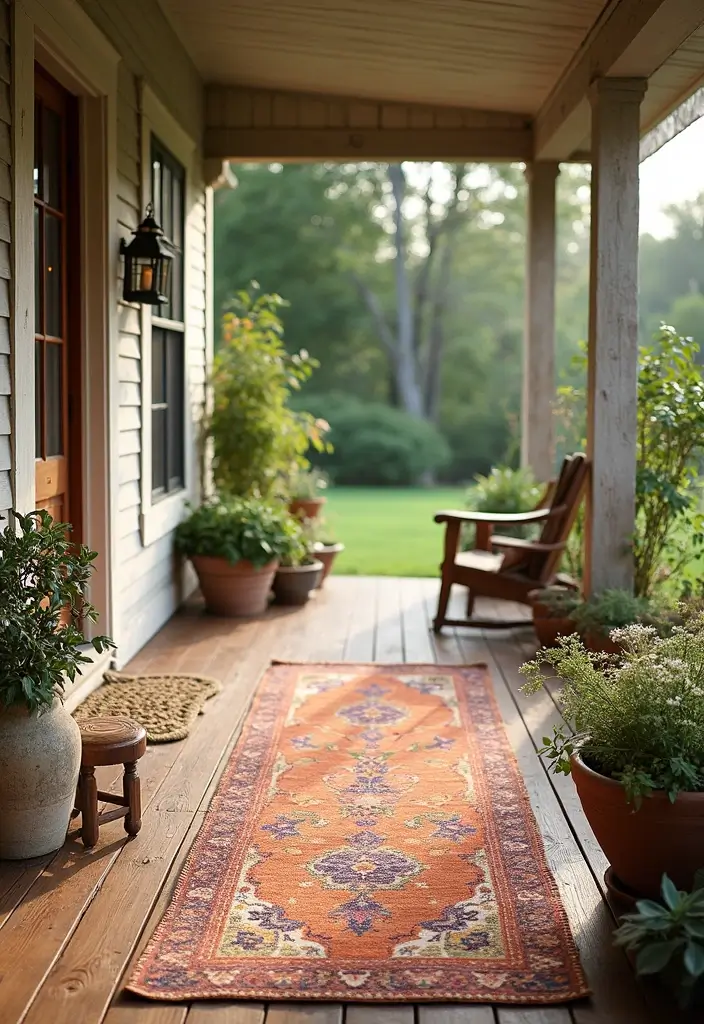 27 Farmhouse Front Porch Ideas for Inviting Curb Appeal - 3. Cozy Outdoor Rugs