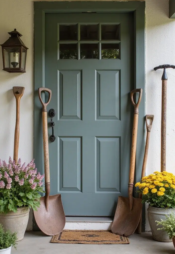27 Farmhouse Front Porch Ideas for Inviting Curb Appeal - 5. Vintage Farm Tools as Decor