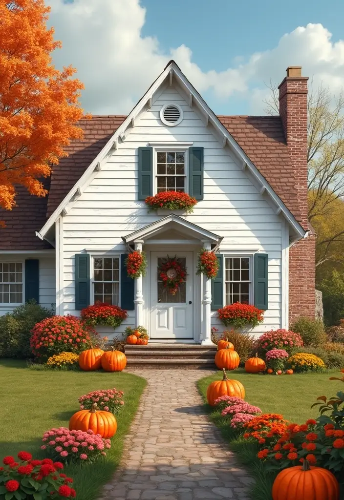 27 White Farmhouse Exterior Looks That Stay Timeless 15 27 White Farmhouse Exterior Looks That Stay Timeless - 15. Seasonal Decor