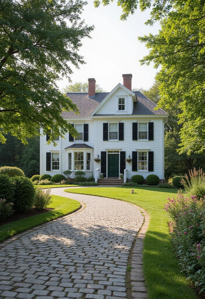 27 White Farmhouse Exterior Looks That Stay Timeless 17 27 White Farmhouse Exterior Looks That Stay Timeless - 17. Charming Driveways