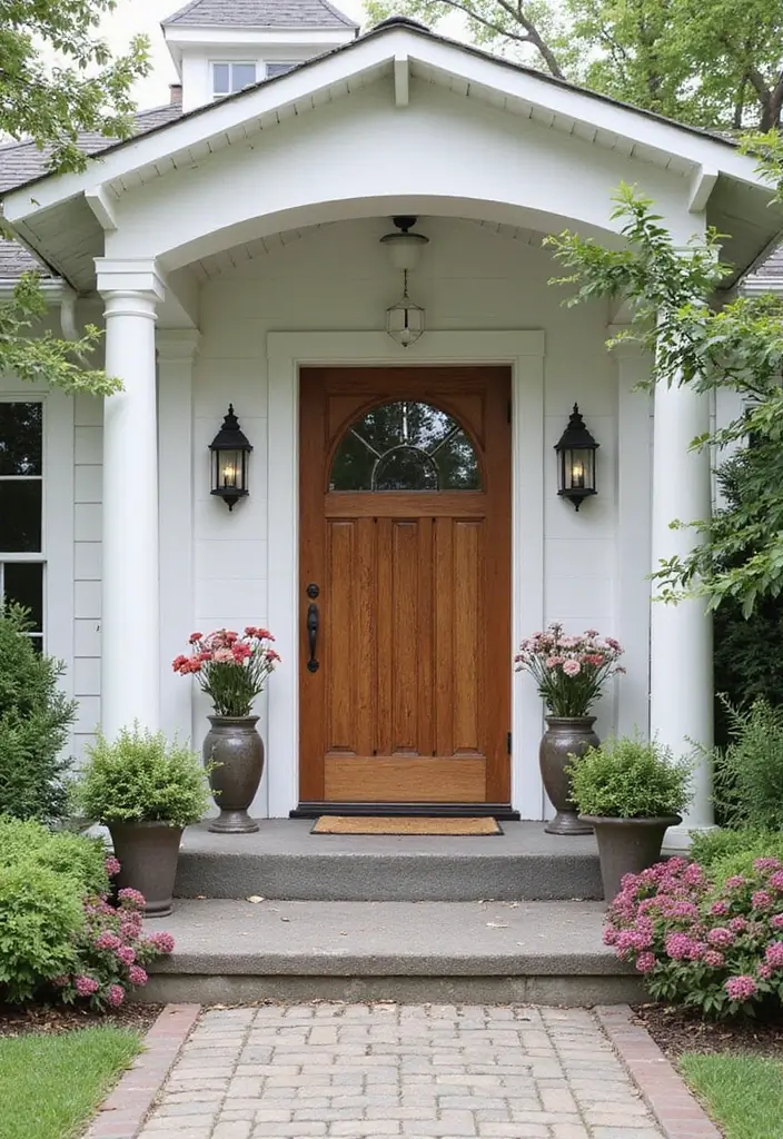 27 White Farmhouse Exterior Looks That Stay Timeless 18 27 White Farmhouse Exterior Looks That Stay Timeless - 18. Unique Entryways