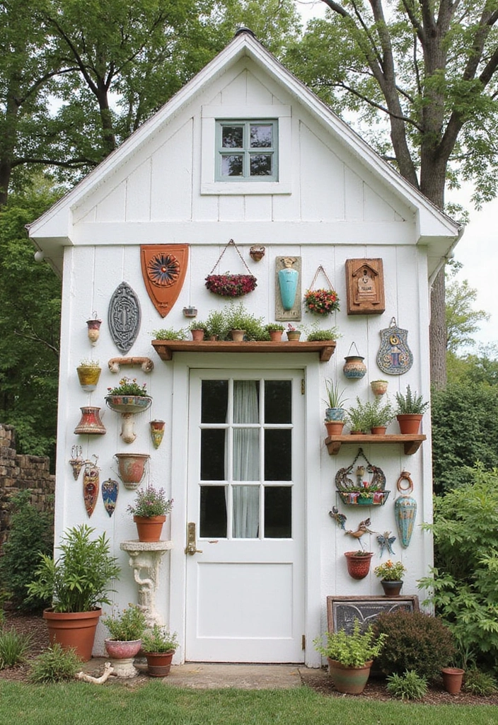 27 White Farmhouse Exterior Looks That Stay Timeless 21 27 White Farmhouse Exterior Looks That Stay Timeless - 21. Artistic Wall Decor