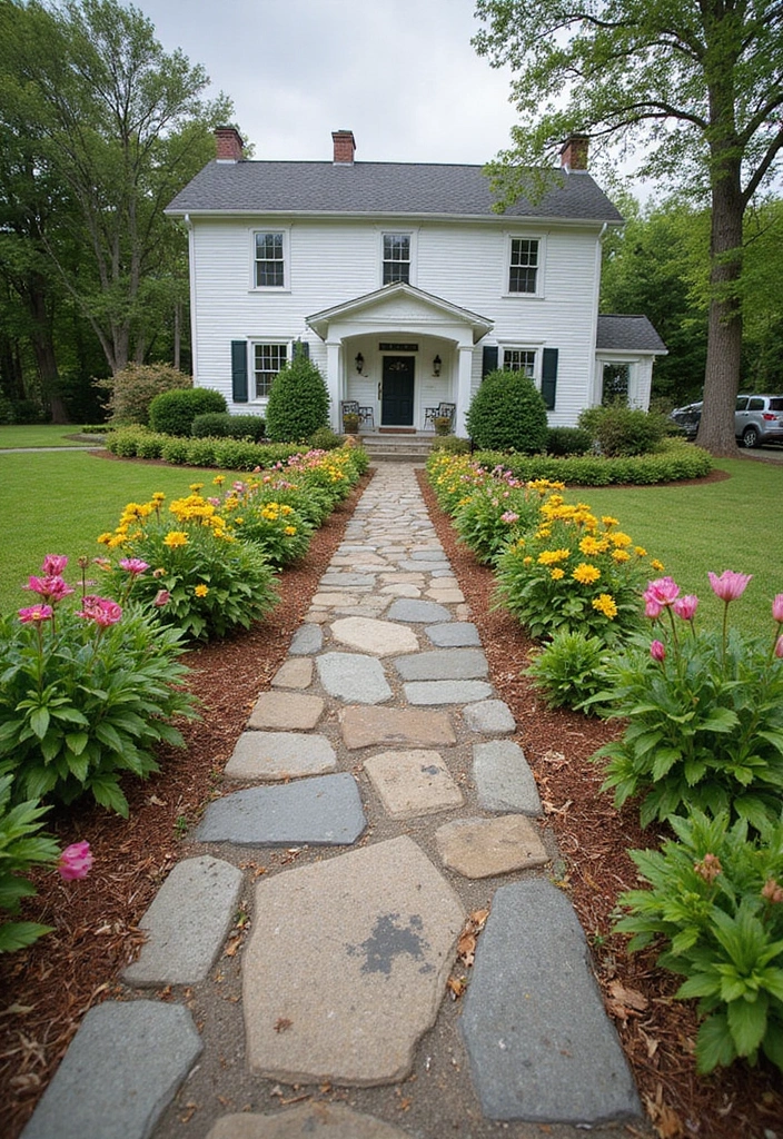 27 White Farmhouse Exterior Looks That Stay Timeless 25 27 White Farmhouse Exterior Looks That Stay Timeless - 25. Inviting Pathways