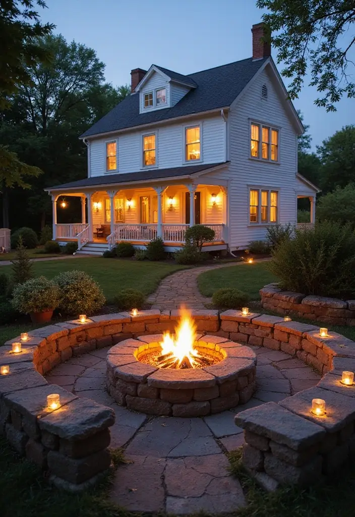 27 White Farmhouse Exterior Looks That Stay Timeless 26 27 White Farmhouse Exterior Looks That Stay Timeless - 26. Welcoming Fire Pits