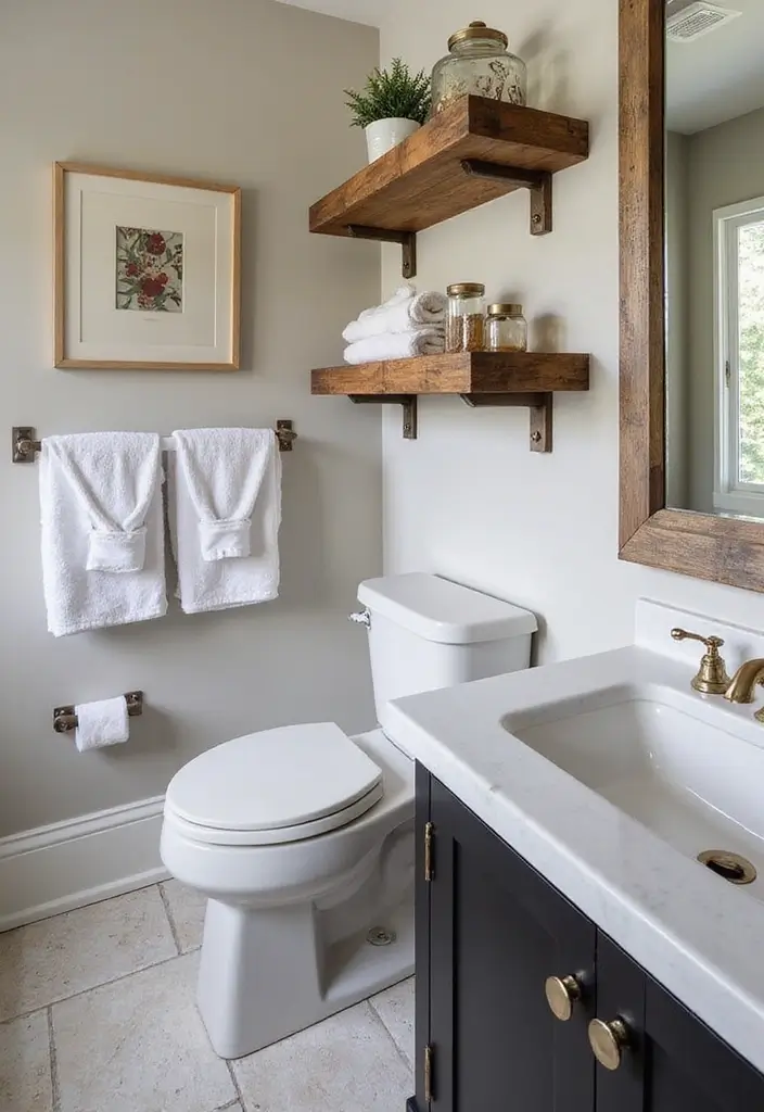 28 Farmhouse Bathroom Decor Ideas That Feel Fresh and Inviting - 12. Open Shelving for Easy Storage