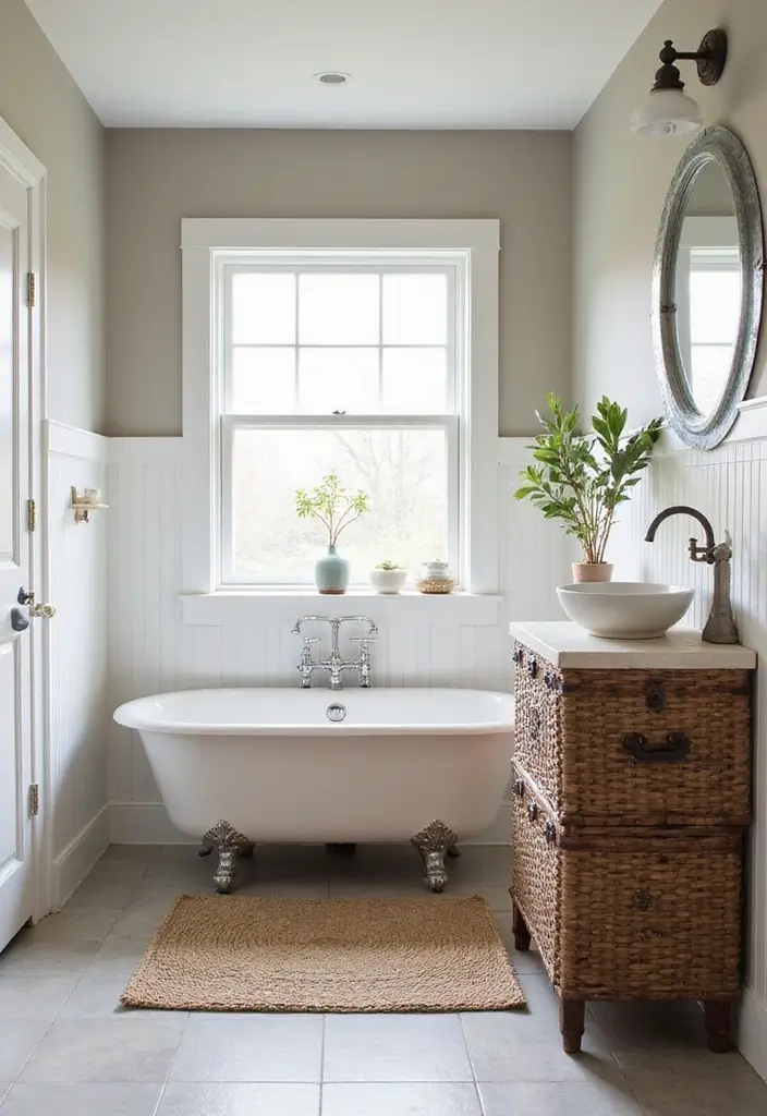 28 Farmhouse Bathroom Decor Ideas That Feel Fresh and Inviting - 13. Vintage Storage Solutions