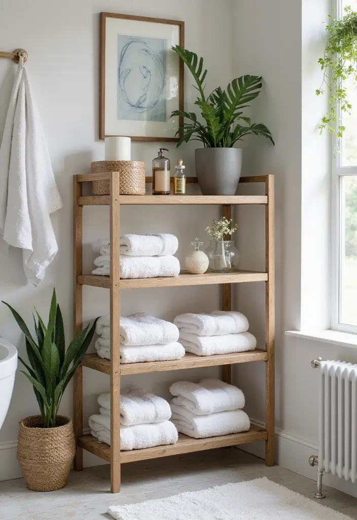 28 Farmhouse Bathroom Decor Ideas That Feel Fresh and Inviting - 19. Freestanding Shelving Units for Display